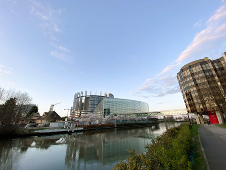 Strasbourg, France - March 14, 2020: Ultra-wide angle view of European Parliament in Strasbourg with...