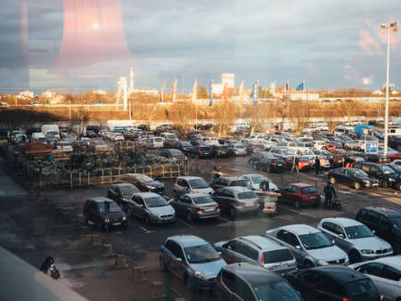 Paris, France - Dec 19, 2017: Aerial view of large full IKEA parking people shopping for diverse furniture and accessoriesのeditorial素材