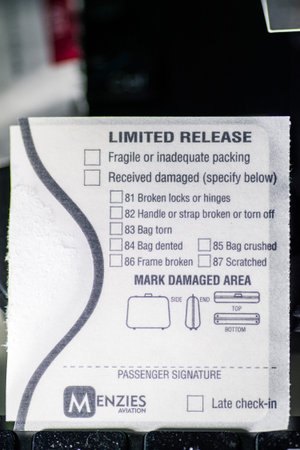 Paris, France - Nov 15, 2019: Close-up macro shot of Limited Release damaged area of a ticket plane...