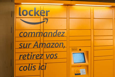 Haguenau, France - April 2, 2020: Front view of Amazon Locker with large advertising inscription to pick -up the parcel sent by the online retailer hereのeditorial素材