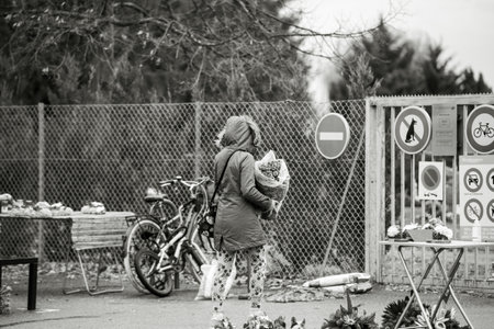 Strasbourg, France - Nov 1, 2020: Rear view of woman with flower entering cemetry in France on All Saints Day Toussaint during the second wave of the Coronavirus COVID19 pandemic - monochromeのeditorial素材