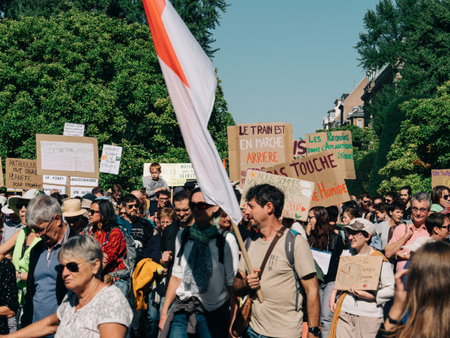 Strasbourg, France - Sep 21, 2019: Large crowd of people at a protest in French city against the...