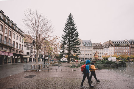 Strasbourg, France - Nov 3, 2020: Few pedestrians in front of decorated yeti christmas tree in central Place Kleberのeditorial素材