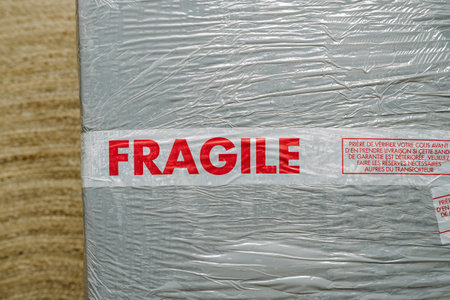 Fragile red scotch inscription on fragile good with special instruction in French language take care of he goods and inspect before signing the deliveryの写真素材