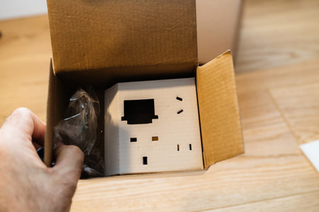 POV male hand holding cardboard carton box with designated places for all international power socket...