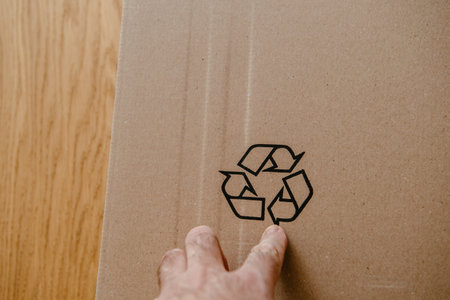 POV male hand holding pointing at the recycling sign on the cardboard package of a new deviceの写真素材