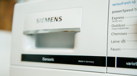 Paris, France - Jan 5, 2020: Focus on the Made in Germany inscription on a Siemens washing machine with iSensoric and other WI-Fi Home Connect functionsのeditorial素材