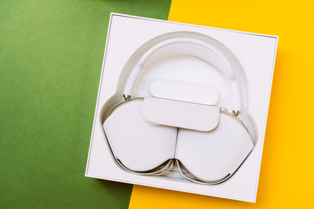Paris, France - Jan 7, 2020: New unboxed package of the best Apple Computers AirPods Max over-ear headphones with Adaptive EQ, Active Noise Cancellation, Transparency mode h1 chips and Siriのeditorial素材