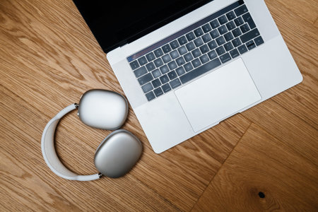 Paris, France - Jan 7, 2020: New best Apple Computers AirPods Max over-ear headphones with Adaptive...