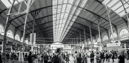 Paris, France - May 20, 2018: ultra wide-angle view of group of tourists with luggage on inside large Gare du Nord - black and white imageのeditorial素材