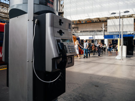 London, United Kingdom - May 19, 2018: Vintage public phone BT Phonecard in British train station...
