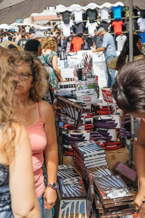Strasbourg, France - July 29, 2017: People on the street of Strasbourg during the Grande Braderie - street fair and street market annual sale event sell diverse kitchen accesoriesのeditorial素材