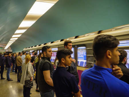 Baku, Azerbaijan - May 2, 2019: Large group of people waiting of their train in the Baku metropolitan underground stationのeditorial素材