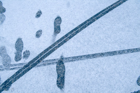 Traces paths of cars bikes and feets on the snow as plant early in the winter - fresh snow