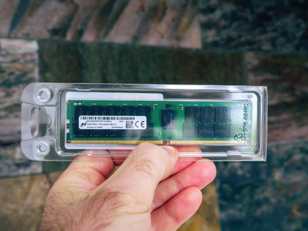 Paris, France- Feb 4, 2021: POV male hand holding new Computer RAM Random Acces Memory in plastic...