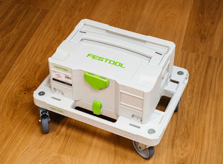 Paris, France - FEb 11, 2021: New Festool 204869 Roll Board for Systainer and Systainer T-LOC units can be secured in place with the central control element with 4 steering rollersのeditorial素材