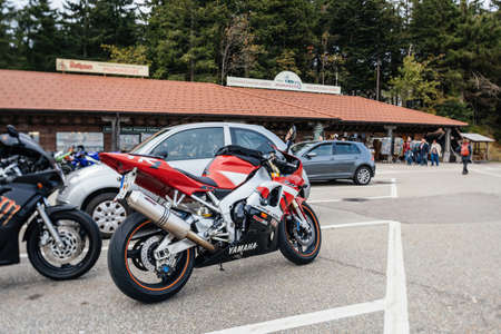 Side view of new Sport Yamaha Deltabox II Dyno Jet parked on dedicated spate near hiking road in the Black Forest - tilt-shift lens usedのeditorial素材