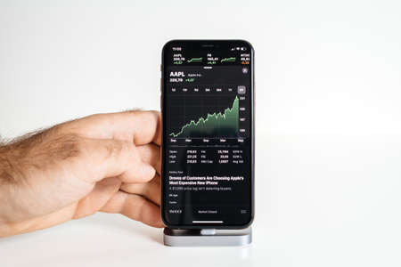 Isolated on white latest Apple Computers iPhone Smartphone XS Max telephone with AAPl stock quotation and market capitalization of more than one trillion USDのeditorial素材