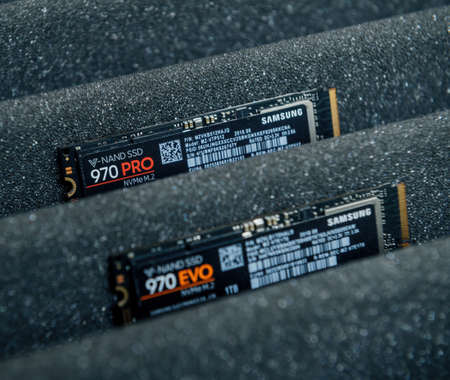 Two new Samsung V-Nand SSD 970 Pro and 970 EVO professional NVME fast M2 disk driveのeditorial素材