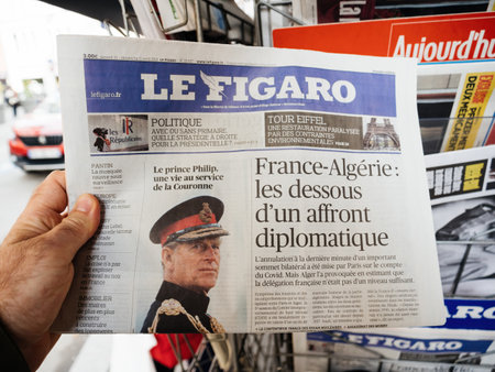 newspaper at press kiosk with front page paying tribute to Prince Philip, Duke Of Edinburghのeditorial素材