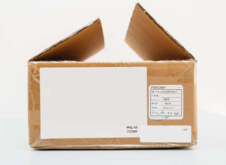 ide view of Foaxconn cardboard parcel with spare parts for Workstationのeditorial素材