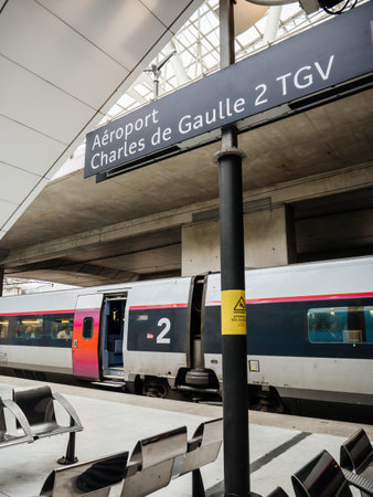 Aeroport Charles de Gaulle 2 TGV SNCF singage in modern train stationのeditorial素材