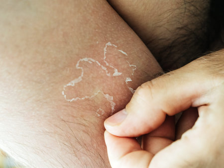 Man peeling burnt from sun long exposure skin
