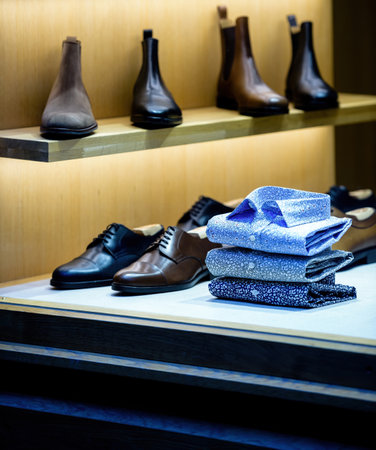 Male fashion store showcase with luxury leather shoes and colorful shirtsの写真素材