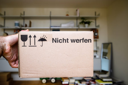 holding package cardboard box with text in German Nicht werfen translated as do not throw