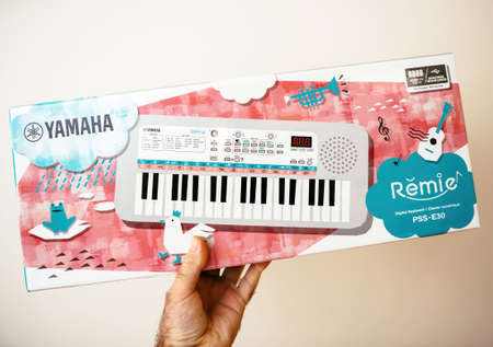 POV male hand holding new Yamaha Remie digital keyboard PSS-E30 for kidsのeditorial素材