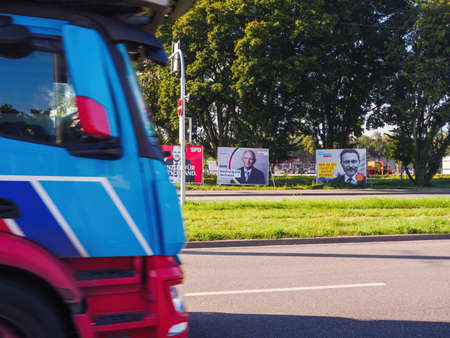 A truck drives past large election posters with the chancellor candidates of SPD with Olaf Scholzのeditorial素材