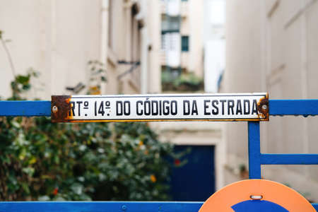 No parking rusty sign with text in portuguese translated 14th article of public road codeの写真素材