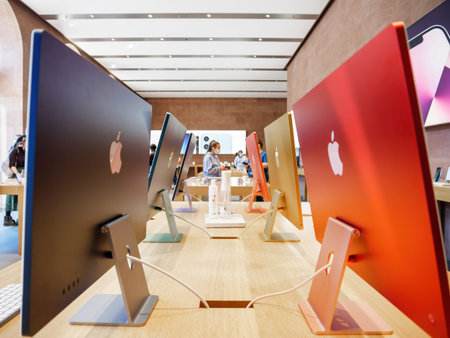 Apple logo on the new iMac colorful 2021 versions the all-in-one personal computer in Apple...