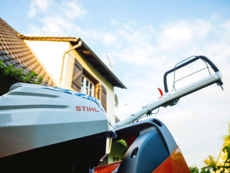 Close-up of Stihl logotype on a new lawn mower operated with li-ion batteriesのeditorial素材