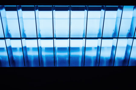 Beautiful blue led neon light on the business centerの写真素材