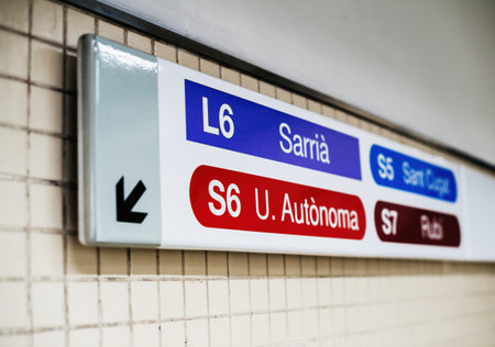 metro station corridor with wall sigange of Sarria L6, U Autonoma S6 and S7 Rubi directions signageのeditorial素材