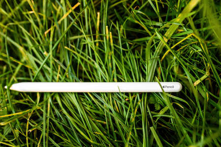 Apple pencil in green grass garden with focus on the logotypeのeditorial素材
