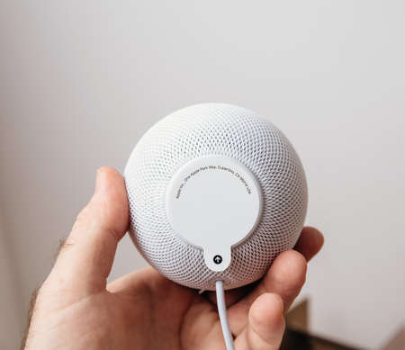 Apple Computers on the rear sticker of HomePod Mini smart speakerのeditorial素材