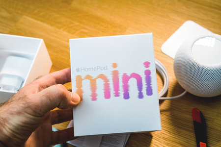 Package of latest Apple Computers HomePod Mini smart speakerのeditorial素材