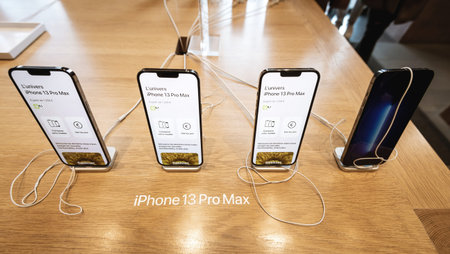 Directly above view of iPhone 13 Pro Max version smartphone model by Apple Computers