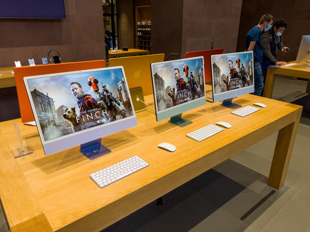 Finch movie advertising on the screens of multiple latest Apple iMac m1 Silicon inside Apple Store...