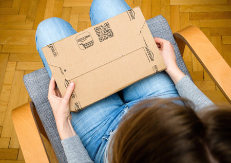 Amazon Parcel Prime service delivery of e-commerce ordered goods via internet - qr code on package