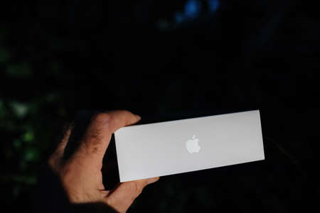 Male hand showing new carboard package of Apple Computers new latest iPad Miniのeditorial素材