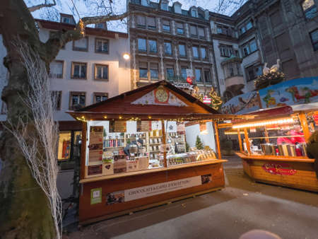 Christmas Market chalet in central Strasbourg at duskのeditorial素材