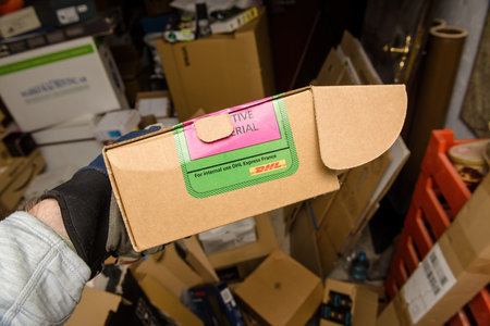 DHL open cardboard damaged box with inscription Sensitive material - For internal use DHL express...
