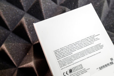 Close-up of the description on French package of latest iPhone 13 pro