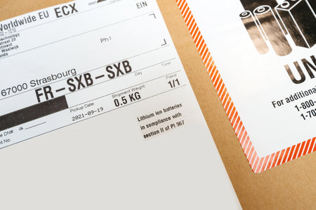 Express Worldwide EU TECH package with DHL logotype from the Syncreon Technology with warning text Lithium Ion batteries in compliance with Section II of PI 967のeditorial素材