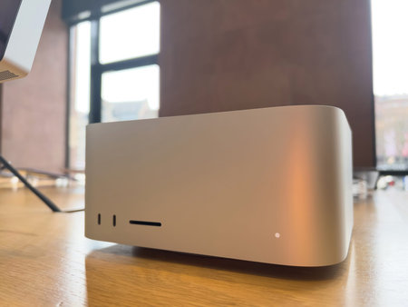 Apple SE 3 smartphone, iPad Air 5 tablet, Mac Studio M1 Ultra, and new Studio Display during the...