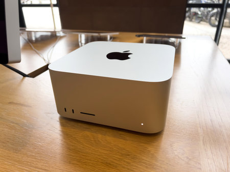 Apple SE 3 smartphone, iPad Air 5 tablet, Mac Studio M1 Ultra, and new Studio Display during the...