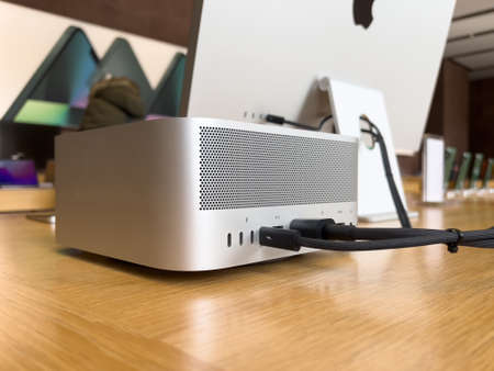 Apple SE 3 smartphone, iPad Air 5 tablet, Mac Studio M1 Ultra, and new Studio Display during the sales launchのeditorial素材
